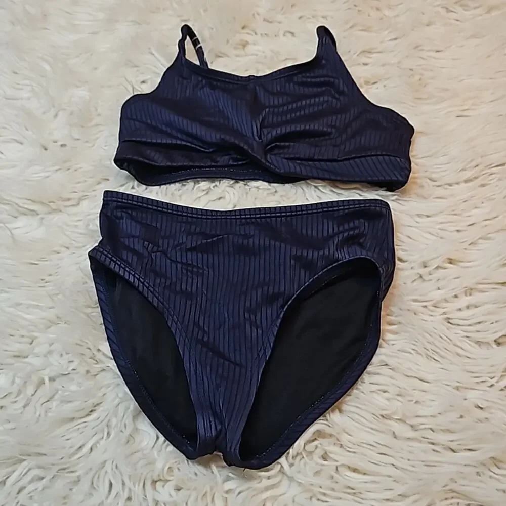 Old Navy Girls 2-Piece Ribbed Swimsuit Navy Blue Size S 6-7